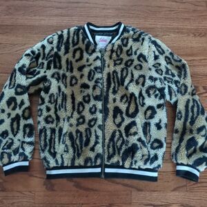 JUSTICE Girls Faux Fur Leopard Print Bomber Style Zip-closure Jacket size 12 GUC